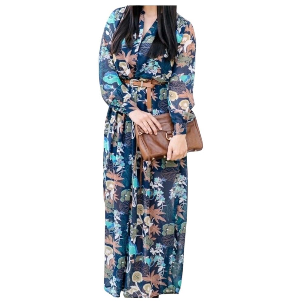 H&M Conscious Collection Navy Floral Maxi Shirt Dress Sz 10 Flowy Boho - Picture 3 of 10